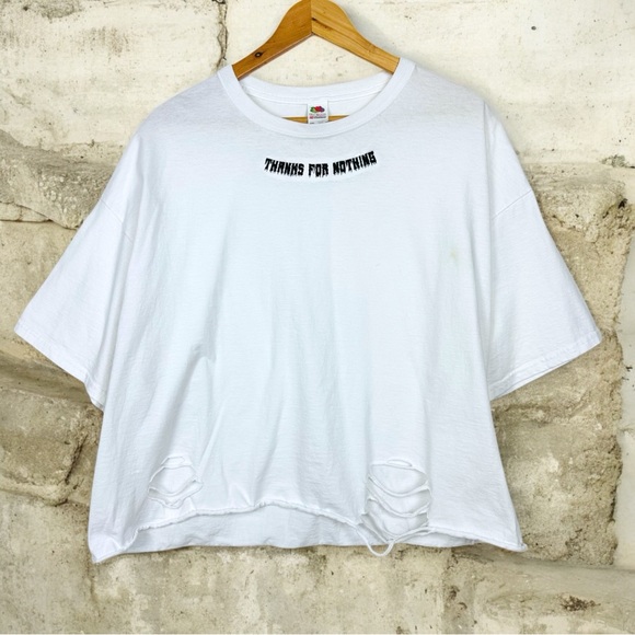 Vintage Tops - Thanks For Nothing Funny Graphic Boxy Crop Upcycled Distressed Short Sleeve Tee